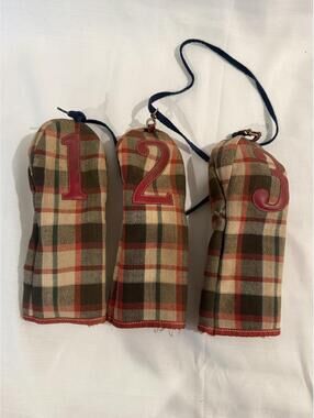 Vintage Set of 3 Plaid Golf Club Headcovers with Numbers 1, 2, 3
